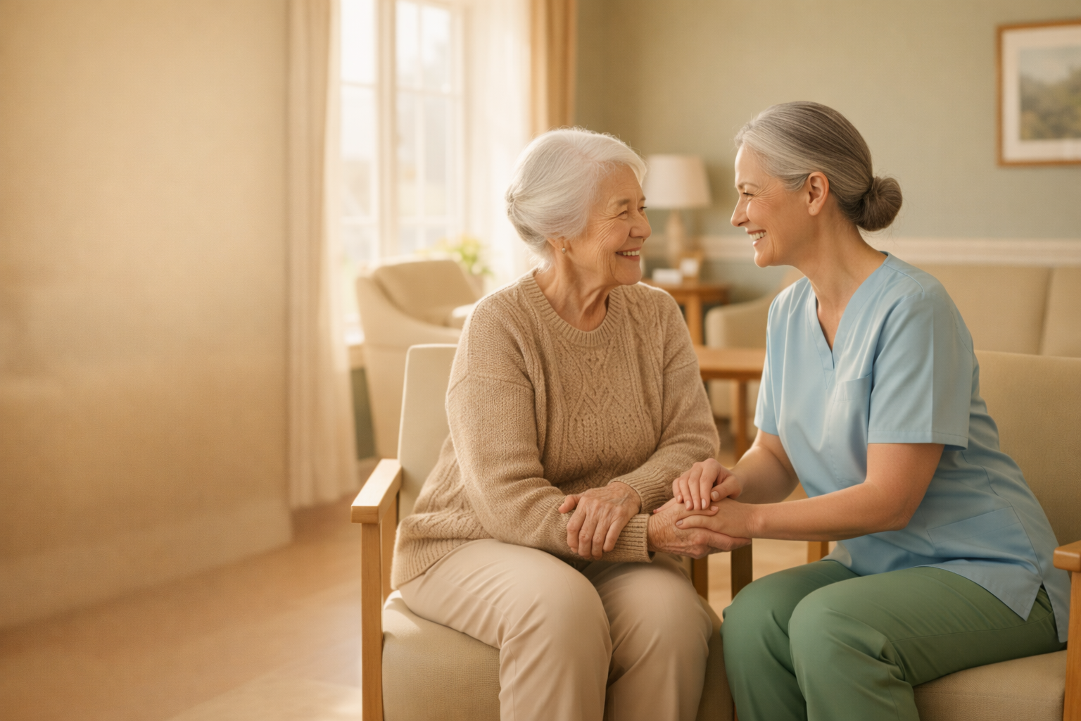 Pflegekraft und ältere Person im wertschätzenden Gespräch